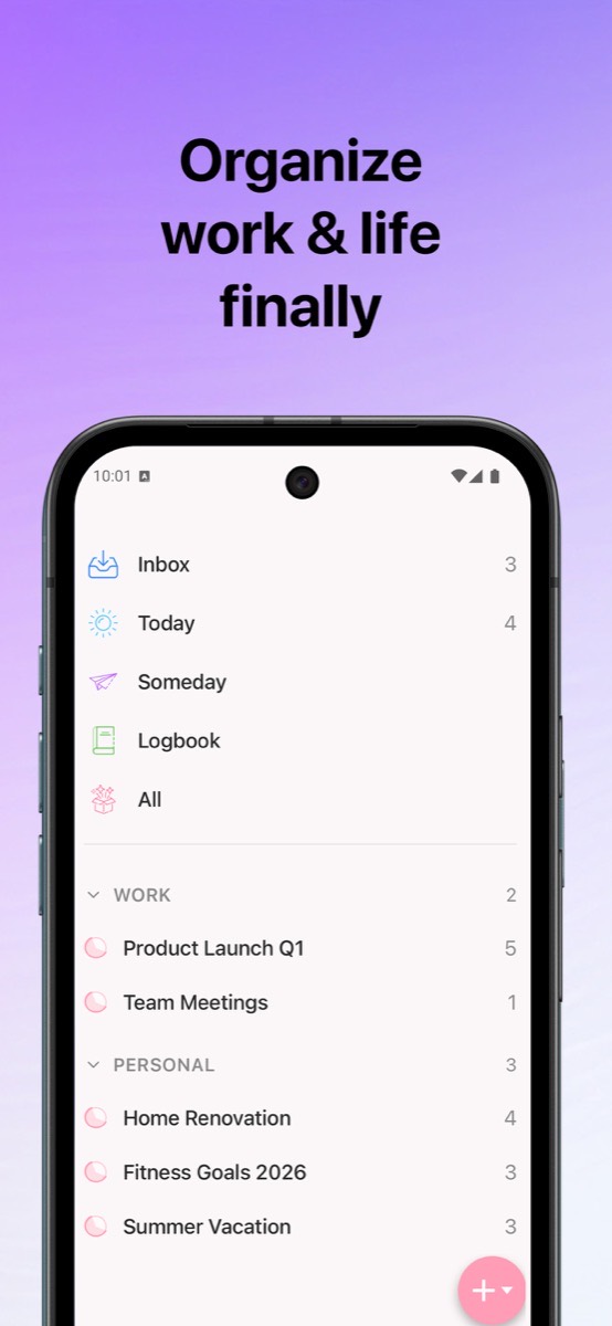 Organized3 GTD task manager on Android showing the Inbox, Today, Someday, and Logbook lists with work and personal projects