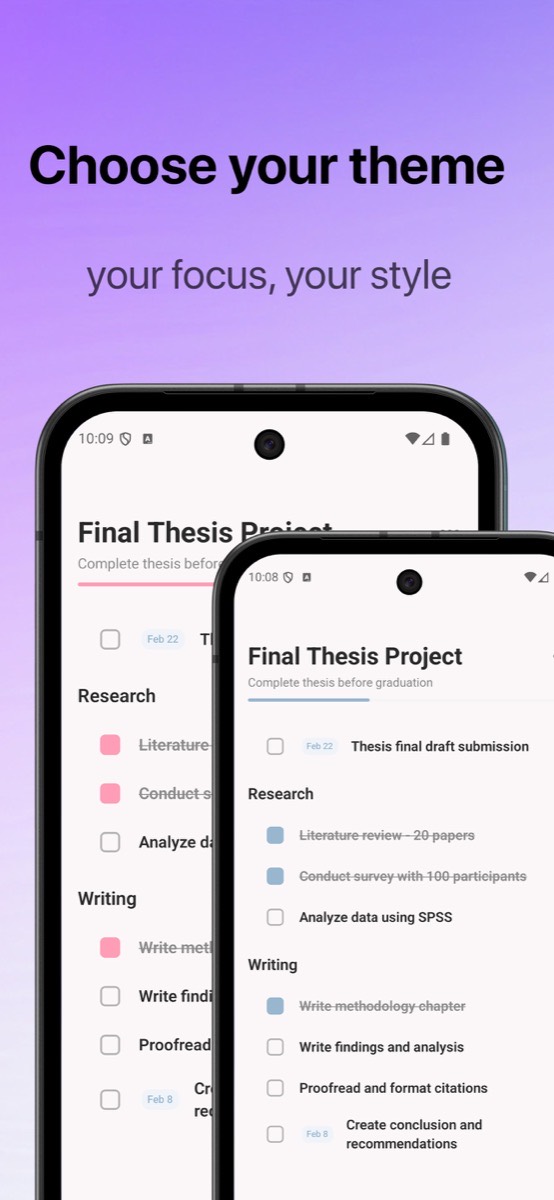 Organized3 project view on Android in two color themes, showing completed and remaining tasks in a thesis project