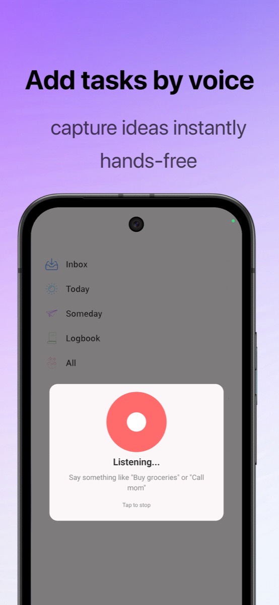 Adding a task by voice in Organized3 on Android, with the voice capture dialog listening